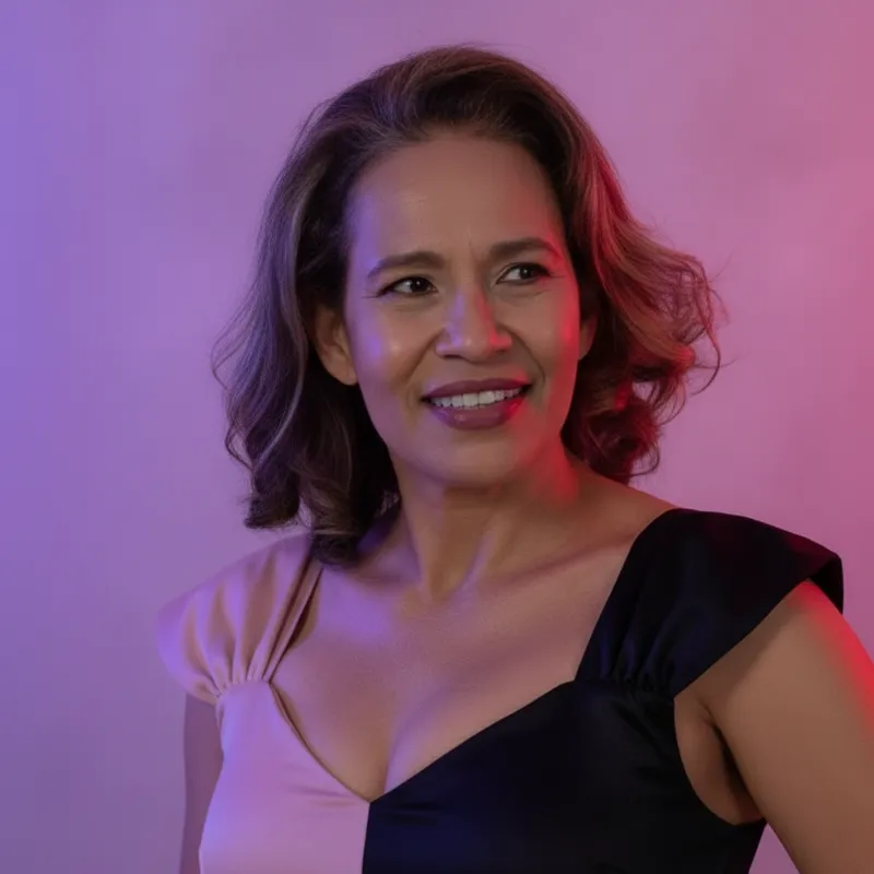 Generated headshot of a woman lit with dramatic purple and pink colored light